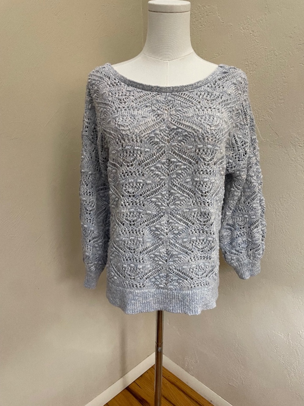 Sundance Shadow Bay Marled Blue Open Knit Scoop Back Cotton Sweater L